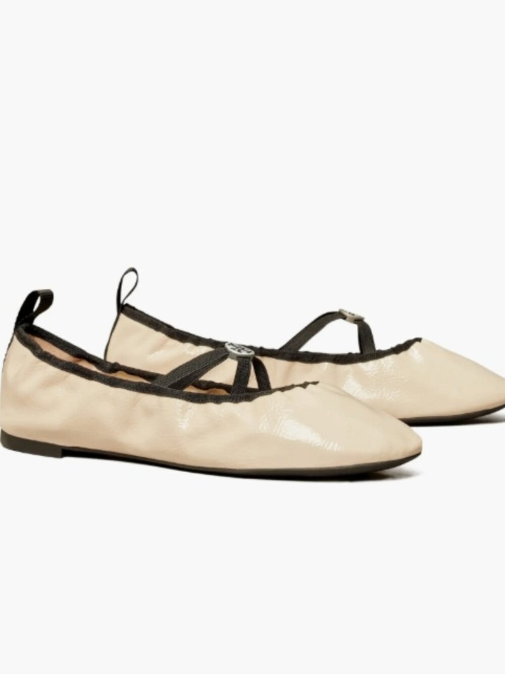 NWOB Tory Burch Beige Leather Ballet Flats with Black Trim and Gold Logo $349